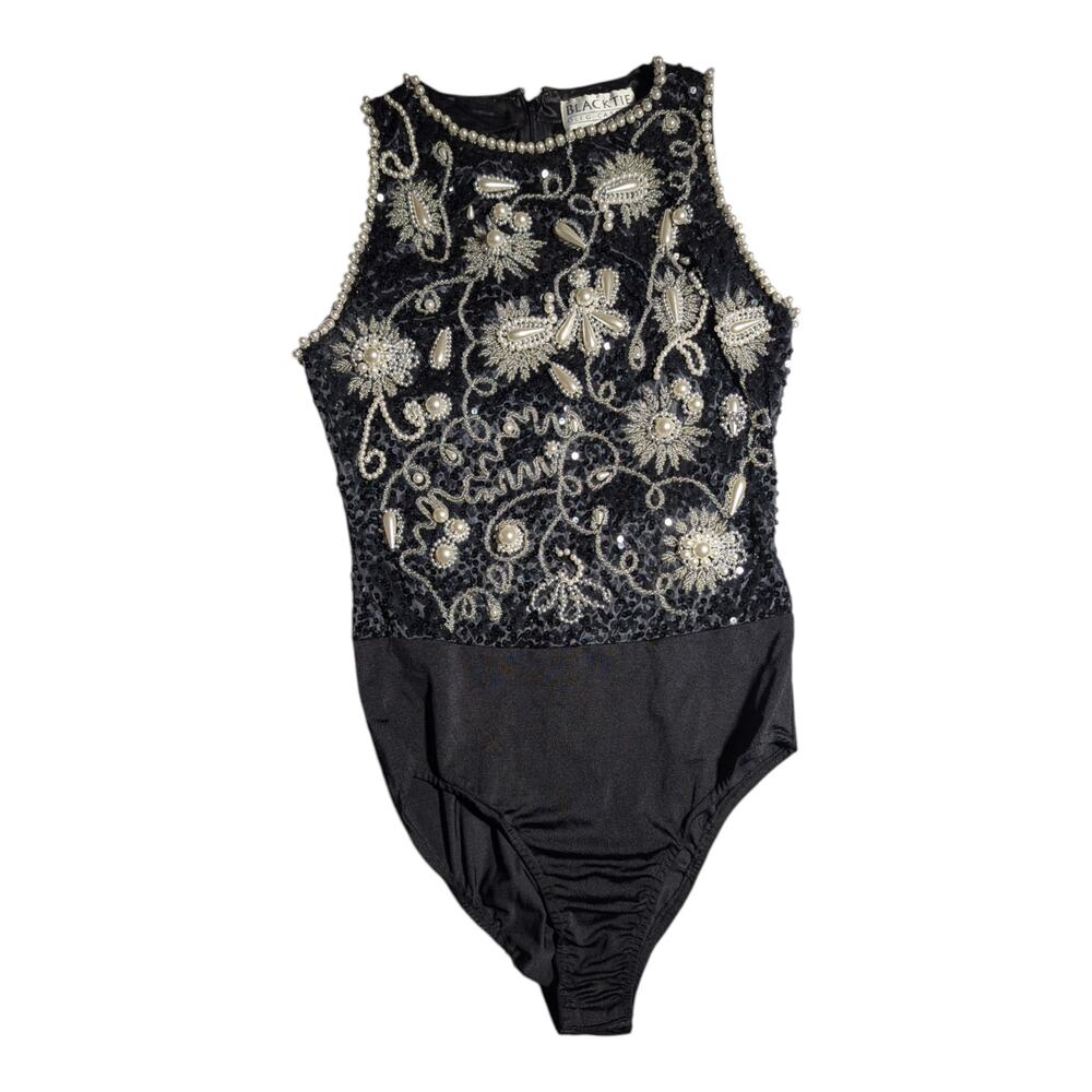 Vtg 1990s Black Tie Oleg Cassini Black Beaded Pearl Embellished Bodysuit Sz M